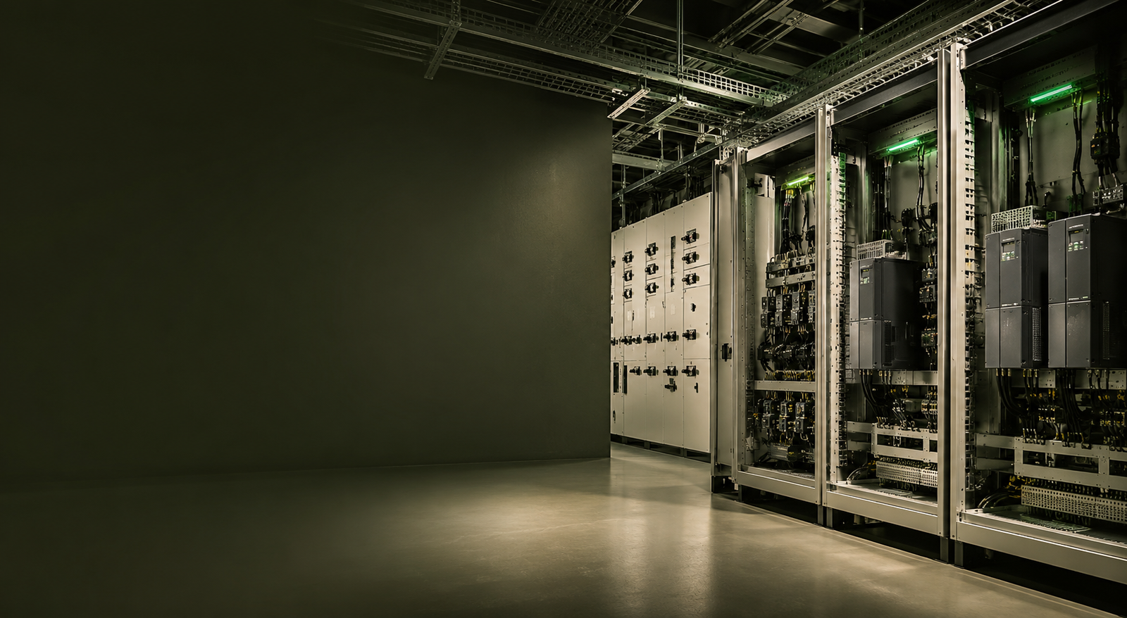 Industrial control room with variable frequency drives, motor control panels, and wiring