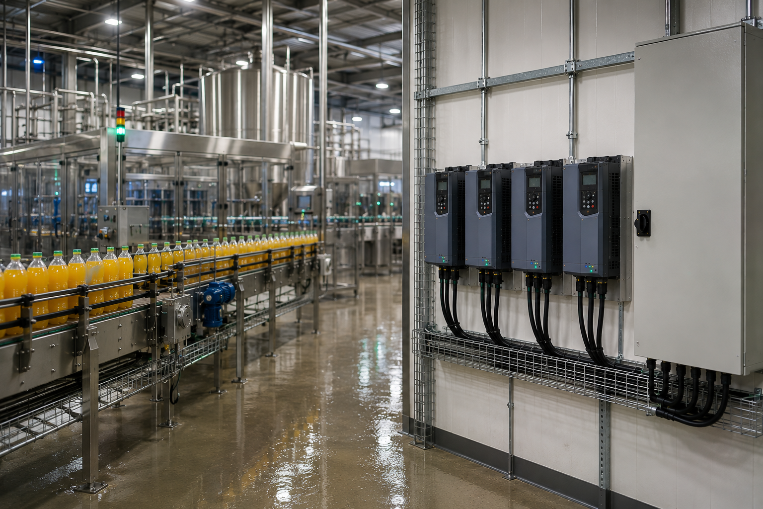 Stainless steel food processing line with conveyors and pumps in a washdown facility