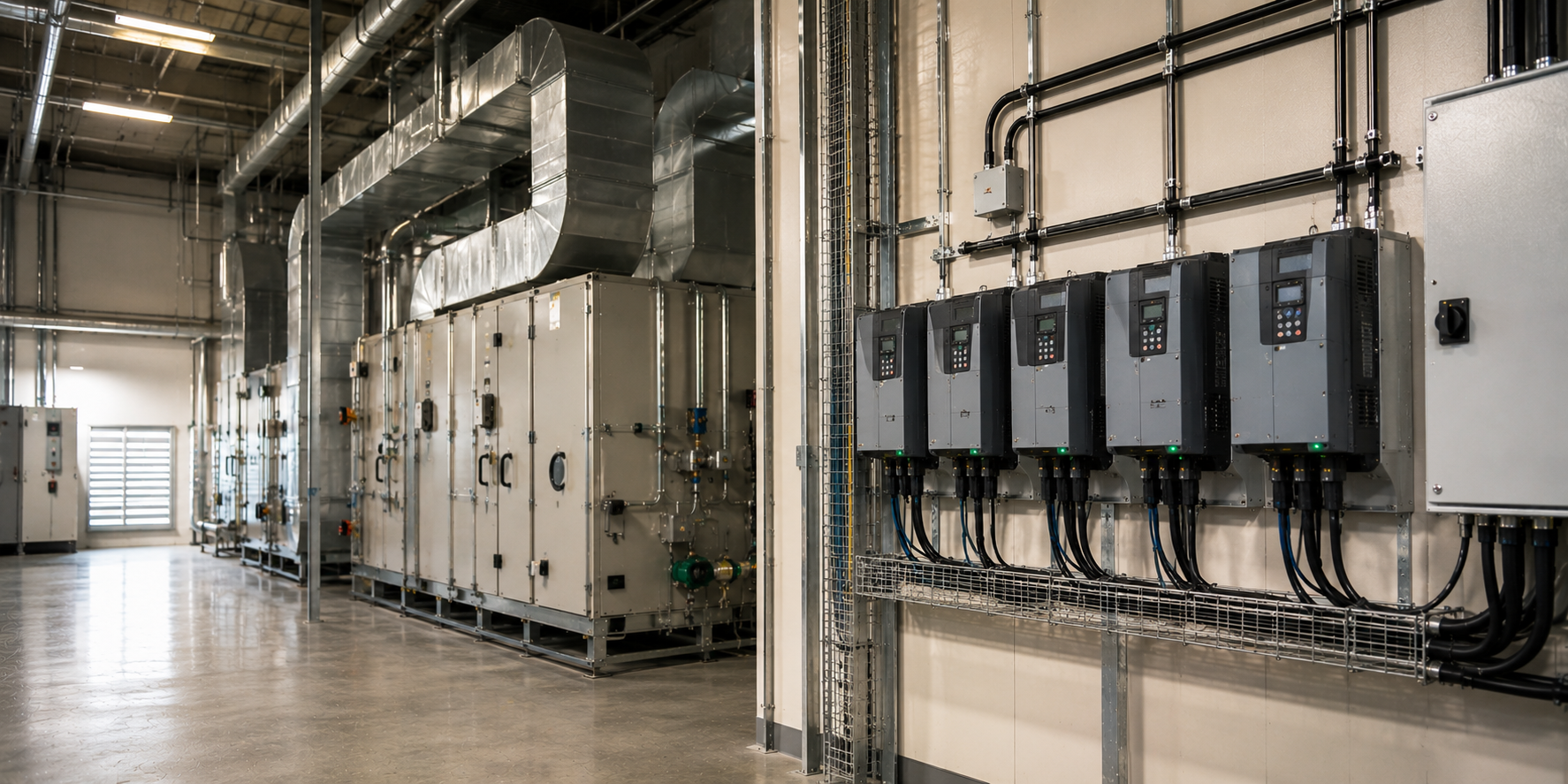 Rooftop air handlers and condenser fans on a commercial building