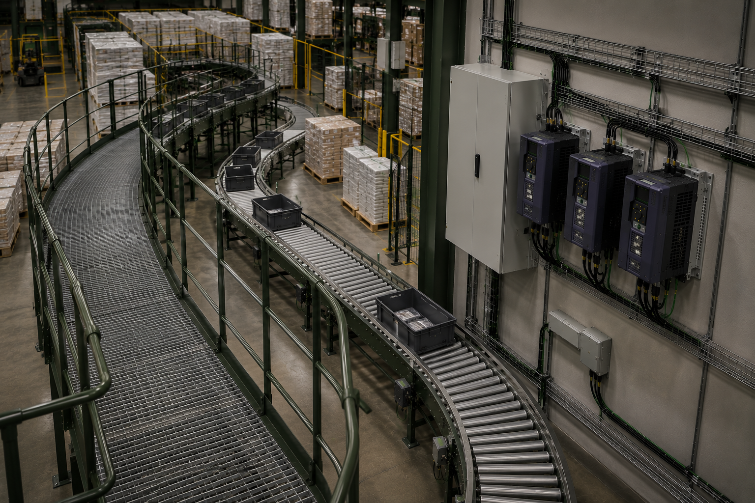 Warehouse conveyor and sortation system moving boxes through a distribution center