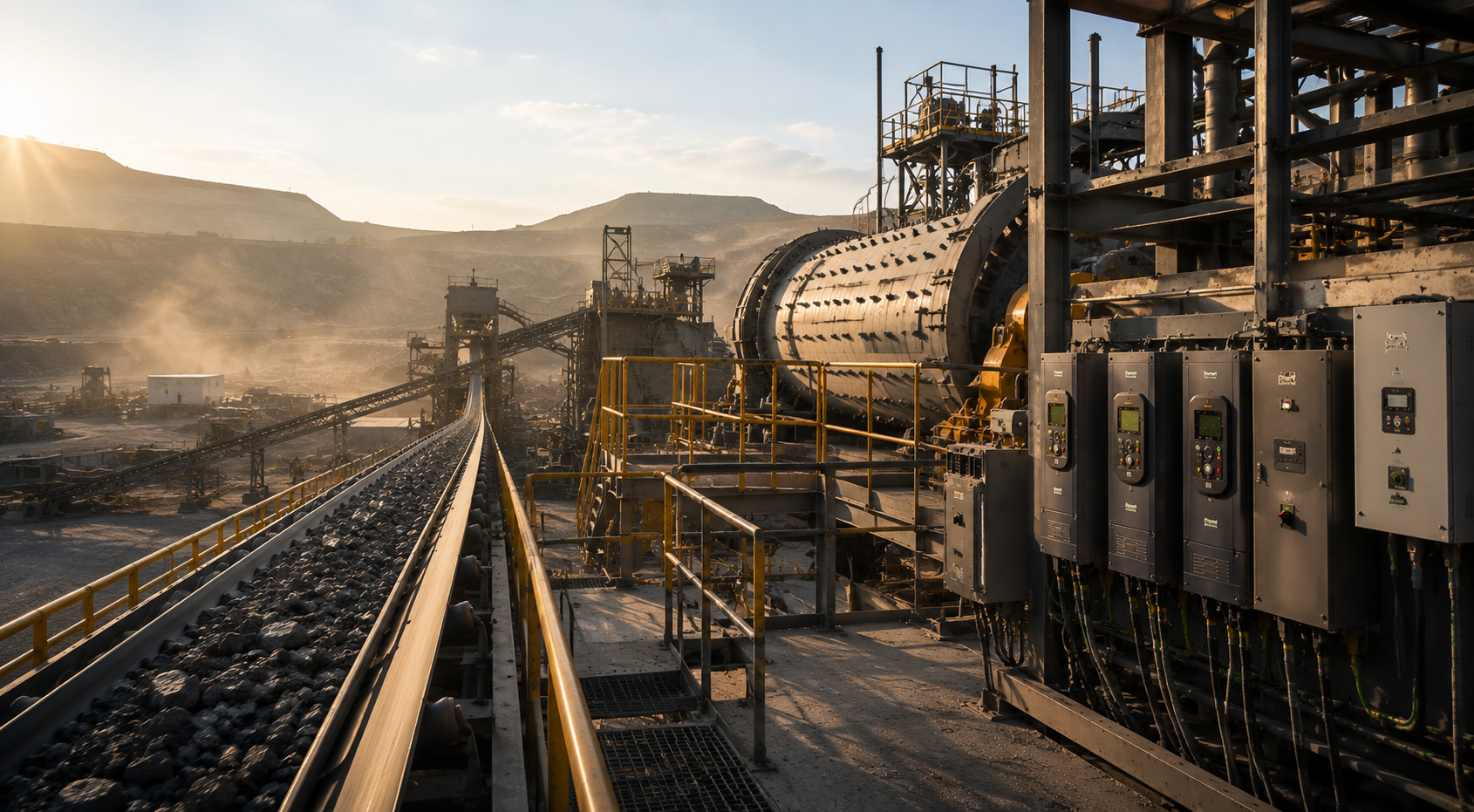 Mining operation with crusher, conveyors, motors, dewatering pumps, electrical cabinets, and connected variable frequency drives