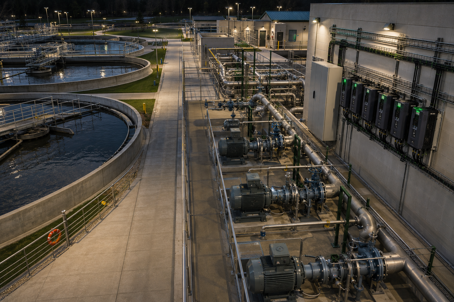 Water and wastewater pump station with connected motors, piping, valves, control cabinets, and wall-mounted variable frequency drives